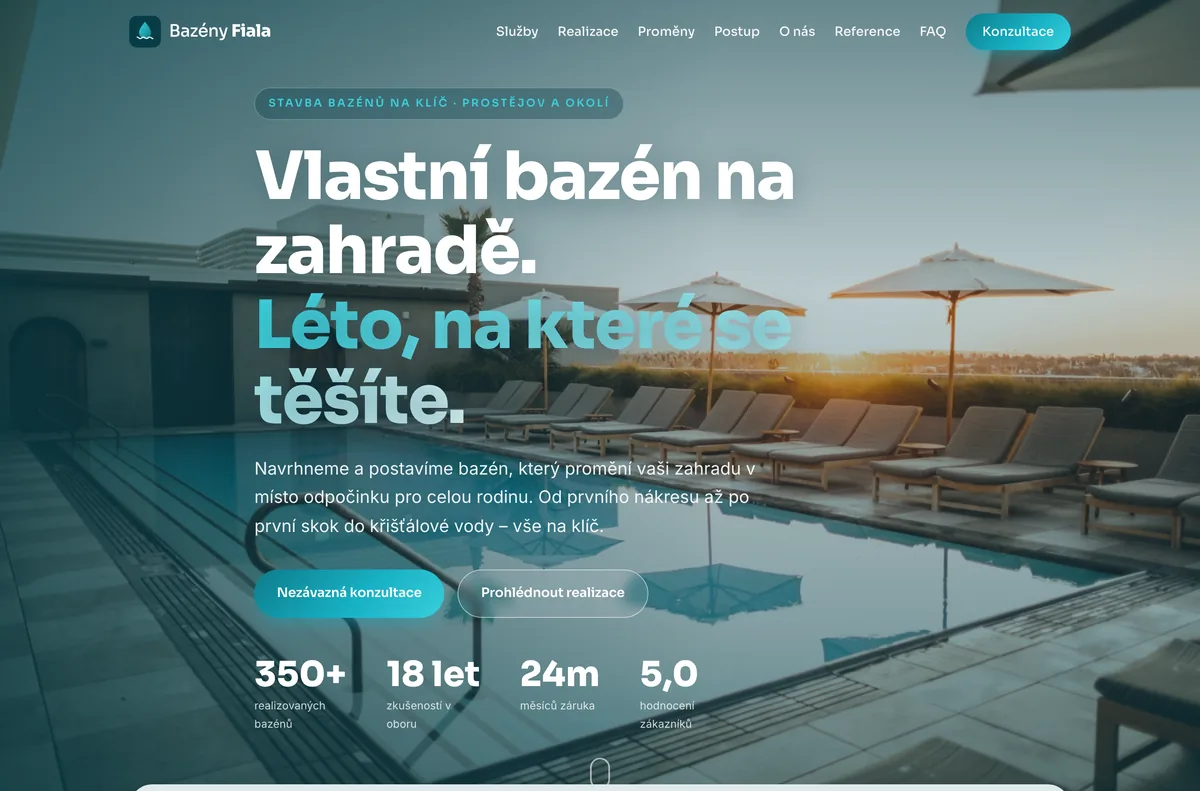 Náhled webu Bazény Fiala — Stavba bazénů, Prostějov