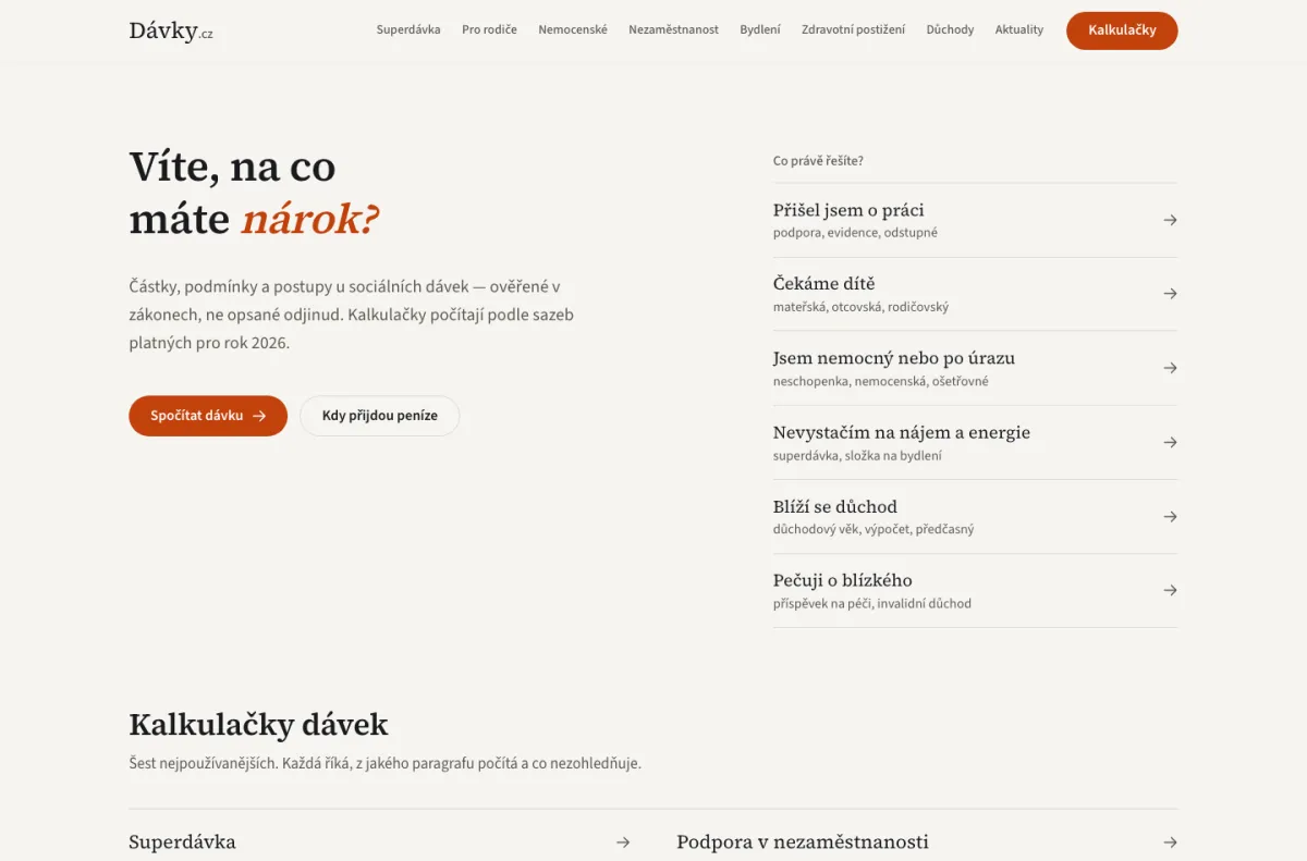 Náhled webu Dávky.cz — Průvodce sociálními dávkami, Česko