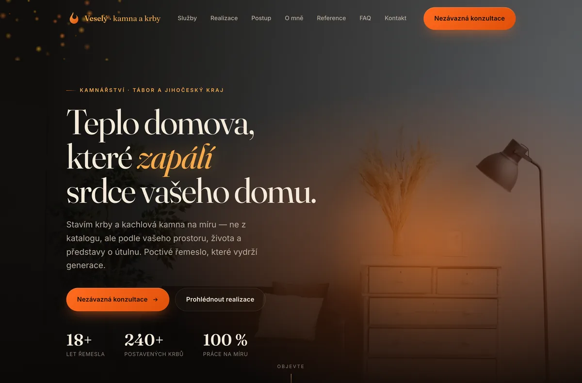 Náhled webu Kamna a krby Veselý — Kamnář a krbař, Tábor