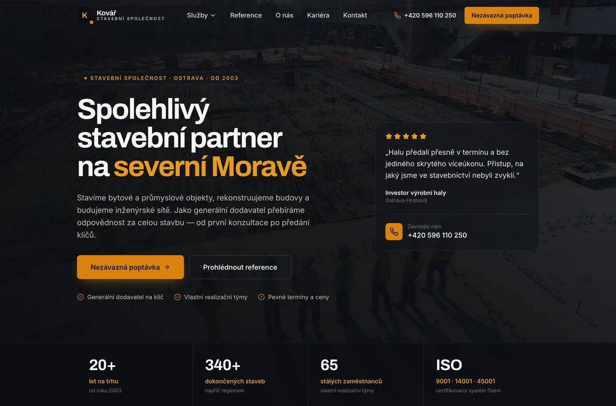 Náhled webu Stavební společnost Kovář — Stavební firma, Ostrava