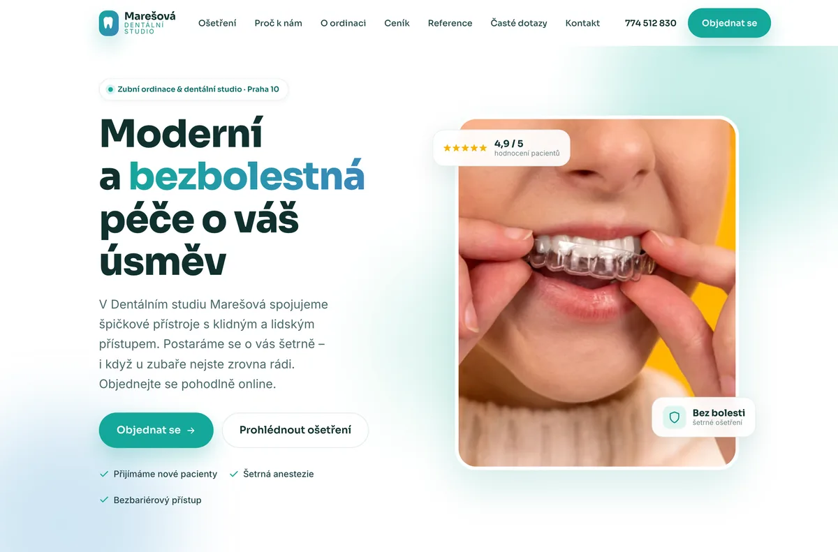 Náhled webu Dentální studio Marešová — Zubař, Praha 10